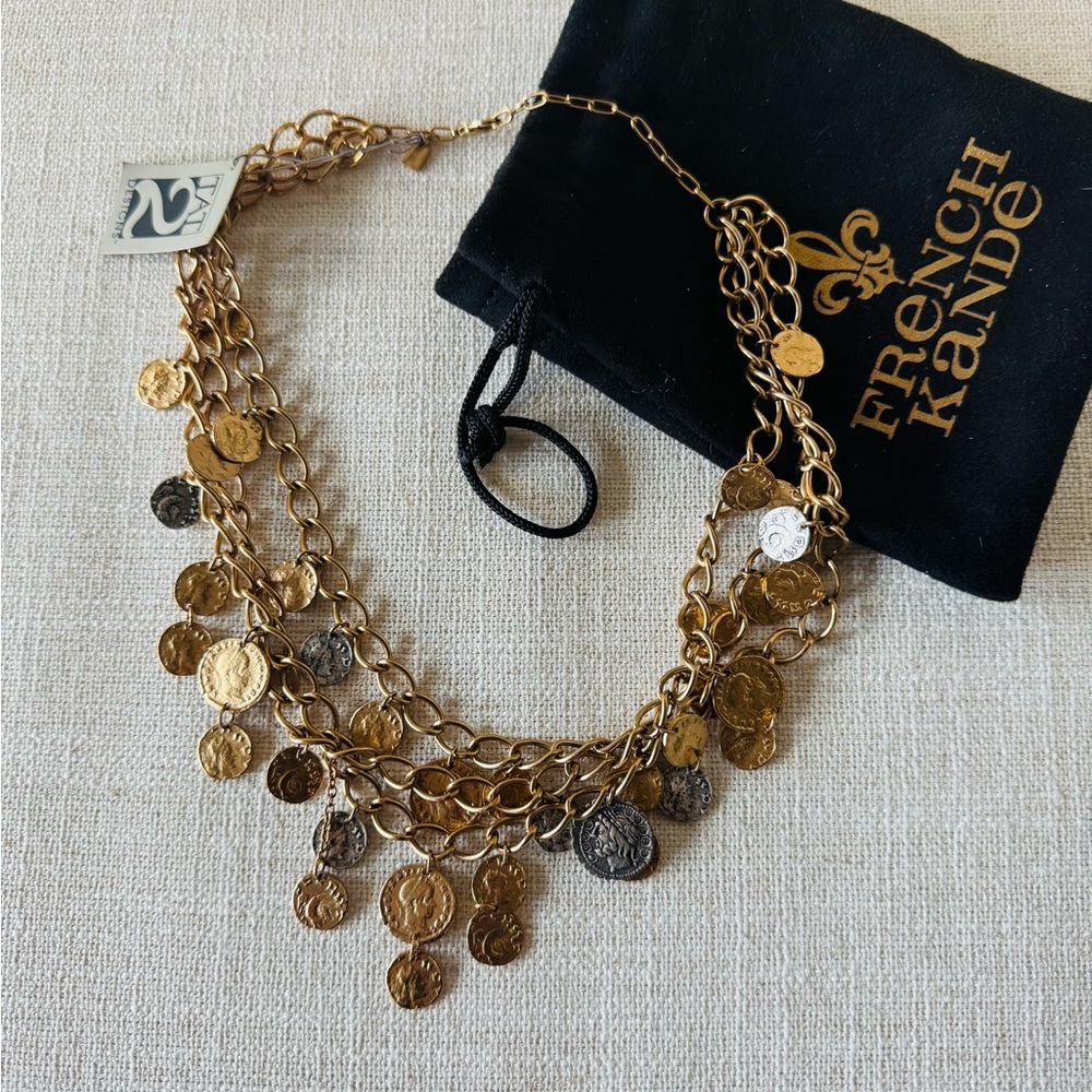 French Kande.Gold and Silver Layered Necklace with Coin Pendants